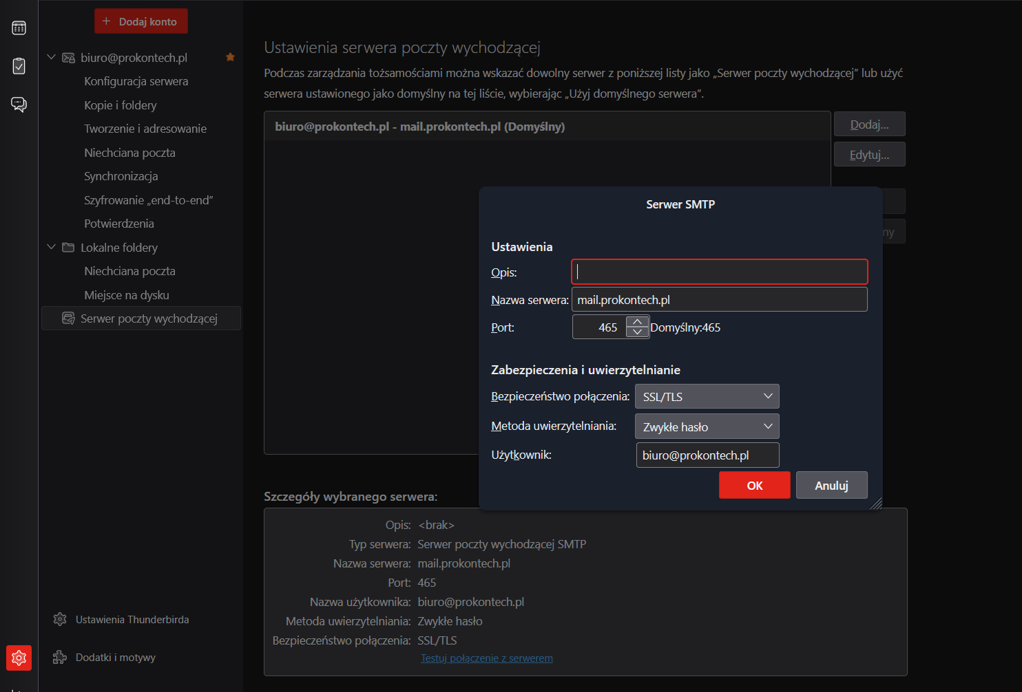 Okno Serwer SMTP z polami nazwa serwera, port 465, SSL/TLS i zwykłe hasło